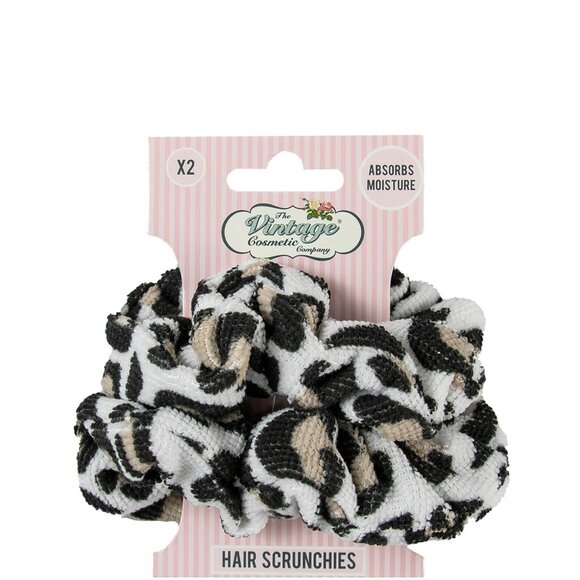 The Vintage Cosmetic Company Hair Scrunchies 2 Piece Leopard Print Microfibre - Picture 1 of 2
